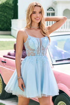 Cute A Line Spaghetti Straps Corset Short Blush Homecoming Dress with Appliques