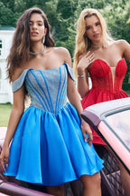 Cute Blue A Line Off The Shoulder Corset Homecoming Dress with Beading