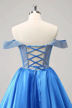 Cute Blue A Line Off The Shoulder Corset Homecoming Dress with Beading
