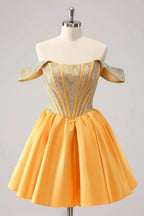 Cute Blue A Line Off The Shoulder Corset Homecoming Dress with Beading