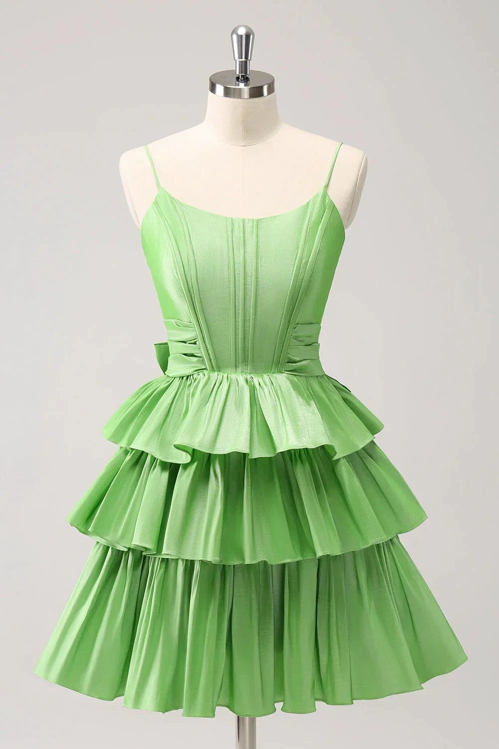 Cute Green A Line Spaghetti Straps Corset Tiered Ruffle Homecoming Dress with Bow