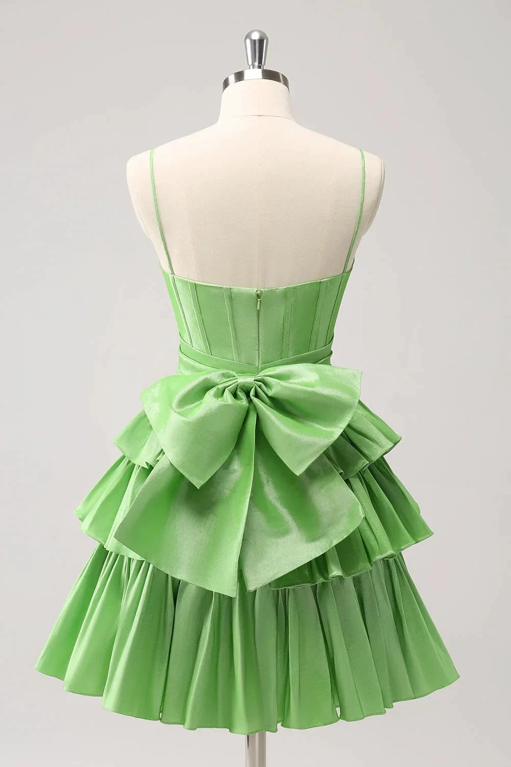 Cute Green A Line Spaghetti Straps Corset Tiered Ruffle Homecoming Dress with Bow
