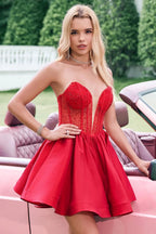Cute Red A Line Strapless Corset Short Ruffle Homecoming Dress with Beading