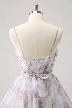 Cute Lilac A Line Cut Out Tiered Print Floral Homecoming Dress with Ruffles