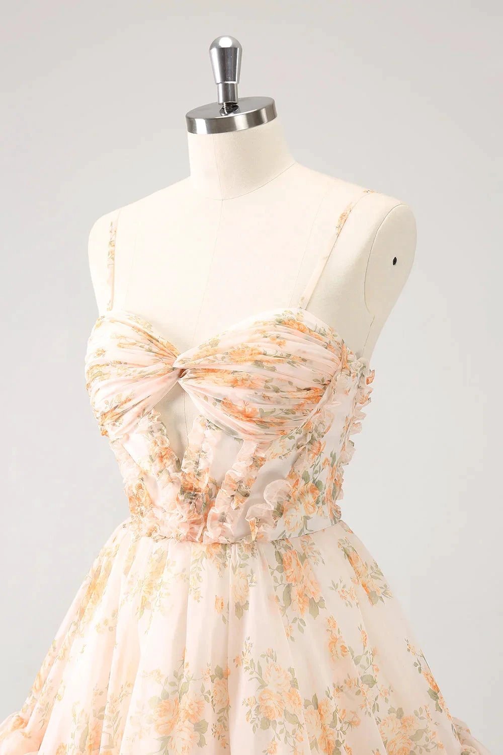 Cute Yellow A Line Cut Out Tiered Print Floral Homecoming Dress with Ruffles