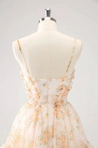 Cute Yellow A Line Cut Out Tiered Print Floral Homecoming Dress with Ruffles