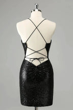 Black Bodycon Spaghetti Straps Sequins Short Homecoming Dress with Lace-up Back