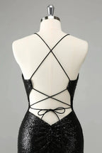 Black Bodycon Spaghetti Straps Sequins Short Homecoming Dress with Lace-up Back