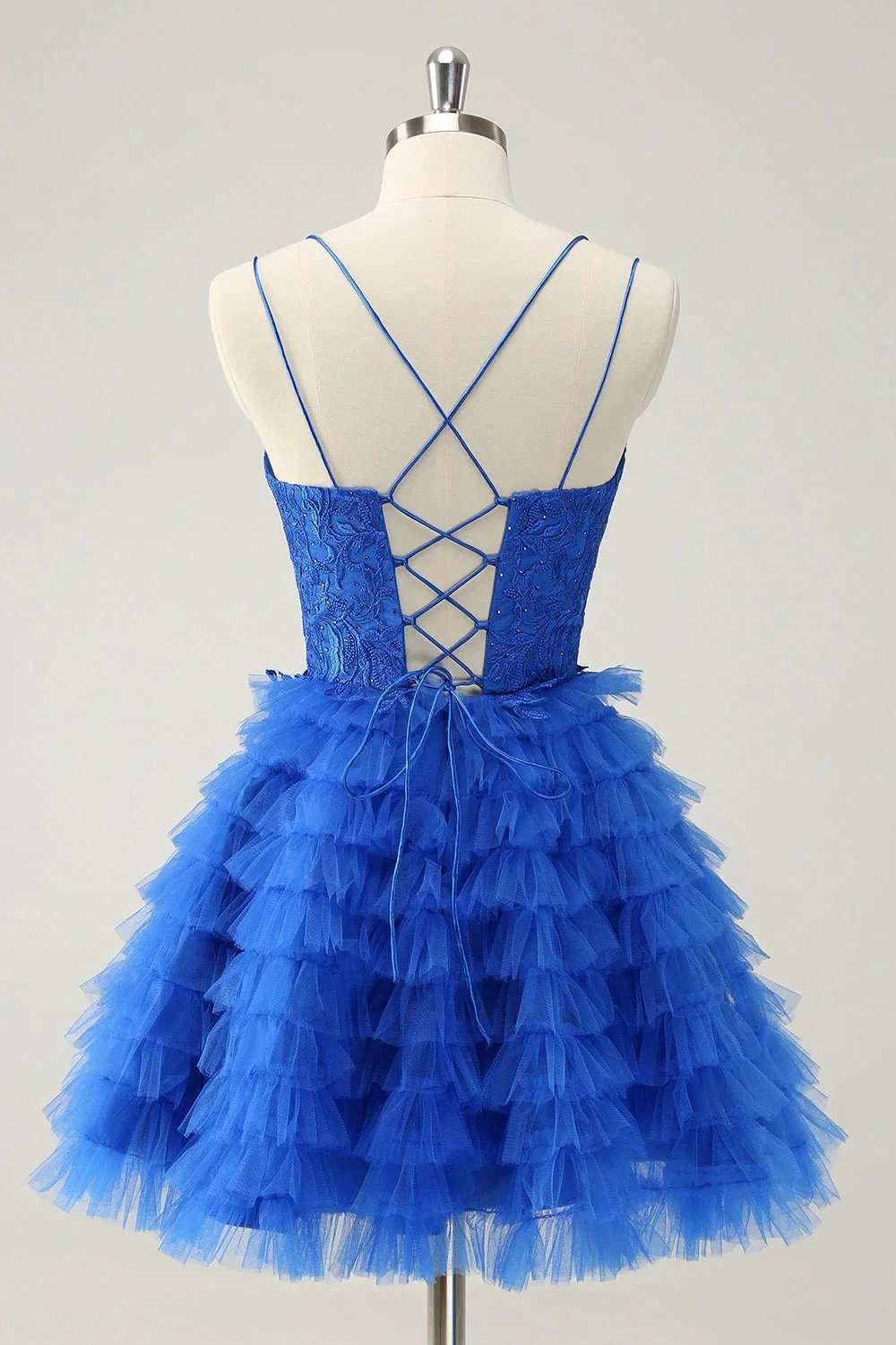 Cute Blue A Line Lace Up Back Tiered Short Homecoming Dress with Beading