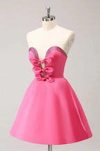Cute Hot Pink A Line Strapless Cut Out Homecoming Dress with Beading