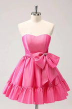 Cute Hot Pink A Line Strapless Pleated Short Homecoming Dress with Bow