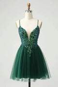 Cute Dark Green A Line V Neck Sequin Short Homecoming Dress with Appliques