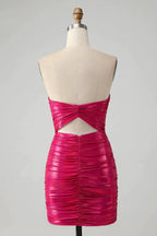 Chic Strapless Keyhole Pleated Fuchsia Tight Homecoming Dress