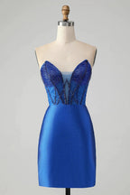 Classy Sparkly Royal Blue Tight Strapless Short Homecoming Dress with Beading