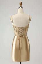 Gold Corset Short Homecoming Dress with Lace Up Back