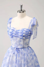Cute Blue A Line Spaghetti Straps Pleated Short Homecoming Dress With Lace Up Back