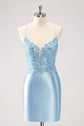 Blue Bodycon Lace Up Back Sequin Short Homecoming Dress with Appliques