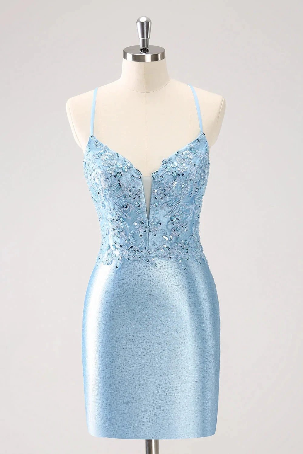 Blue Bodycon Lace Up Back Sequin Short Homecoming Dress with Appliques