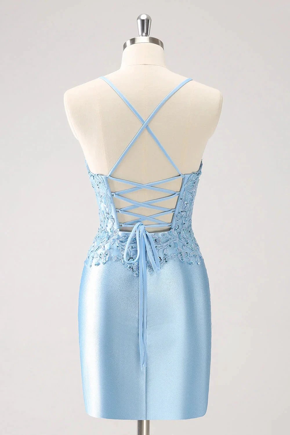 Blue Bodycon Lace Up Back Sequin Short Homecoming Dress with Appliques