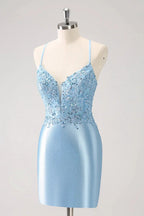 Blue Bodycon Lace Up Back Sequin Short Homecoming Dress with Appliques