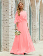 Sunnderly  Bridesmaid Dress Women Long Sleeve V-Neck Chiffon Formal Wedding Party Dress SY28018