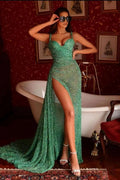 Spaghetti Straps Sleeveless Sequin Mermaid Prom Dress with Front Split
