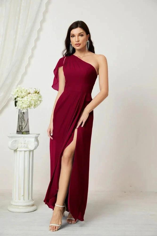 Numbersea  Chiffon Ruffled One Shoulder Long Bridesmaid Dresses A-line Formal Evening Gown Side Split 2809