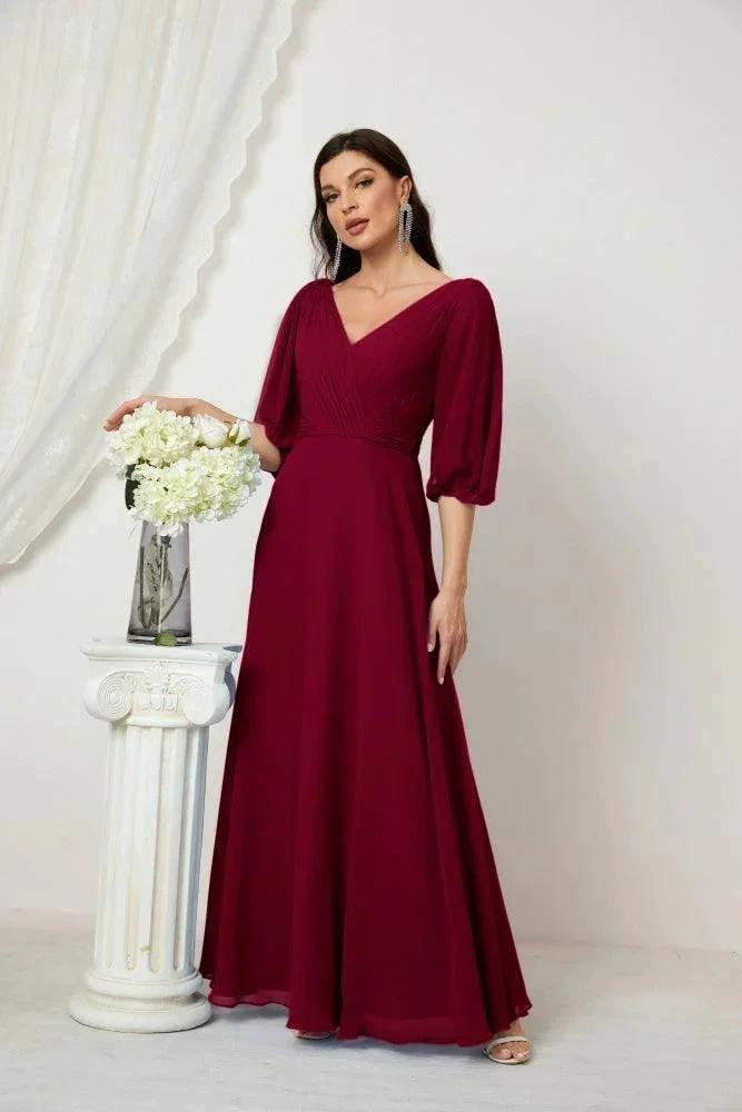 Numbersea  Formal Prom Gown Women V-Neck Chiffon Bridesmaid Dresses Long Bishop Sleeve Party Dress 2807