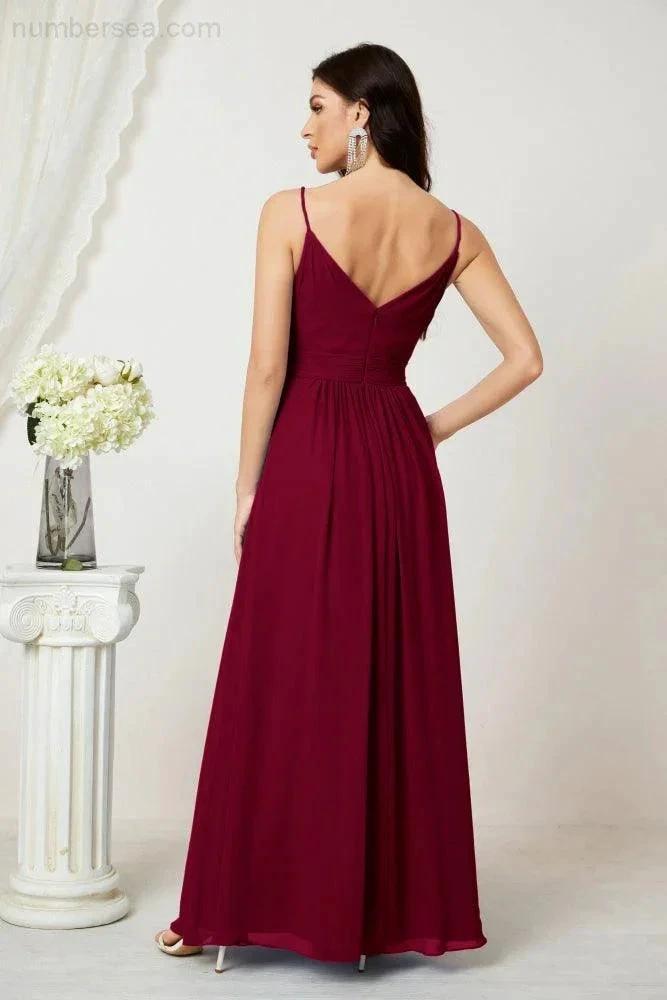 Numbersea Chiffon V-Neck Bridesmaid Dress Spaghetti Strap Long Formal Party Prom Gowns with Slit 28010