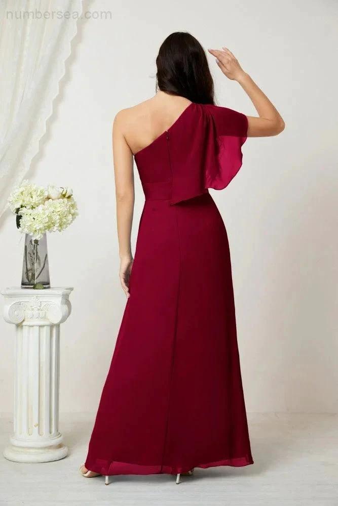Numbersea  Chiffon Ruffled One Shoulder Long Bridesmaid Dresses A-line Formal Evening Gown Side Split 2809