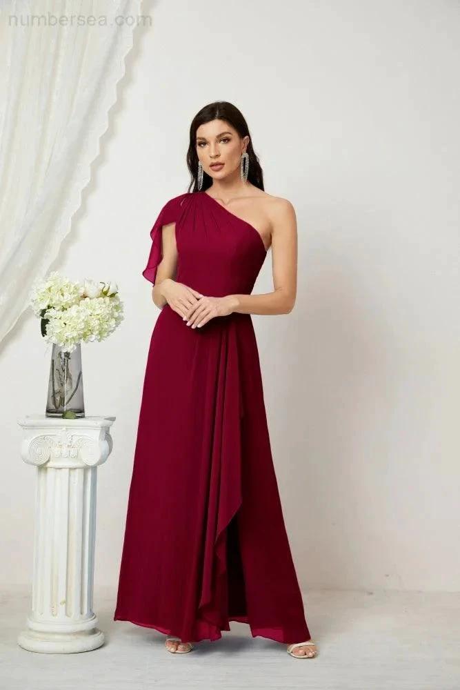Numbersea  Chiffon Ruffled One Shoulder Long Bridesmaid Dresses A-line Formal Evening Gown Side Split 2809