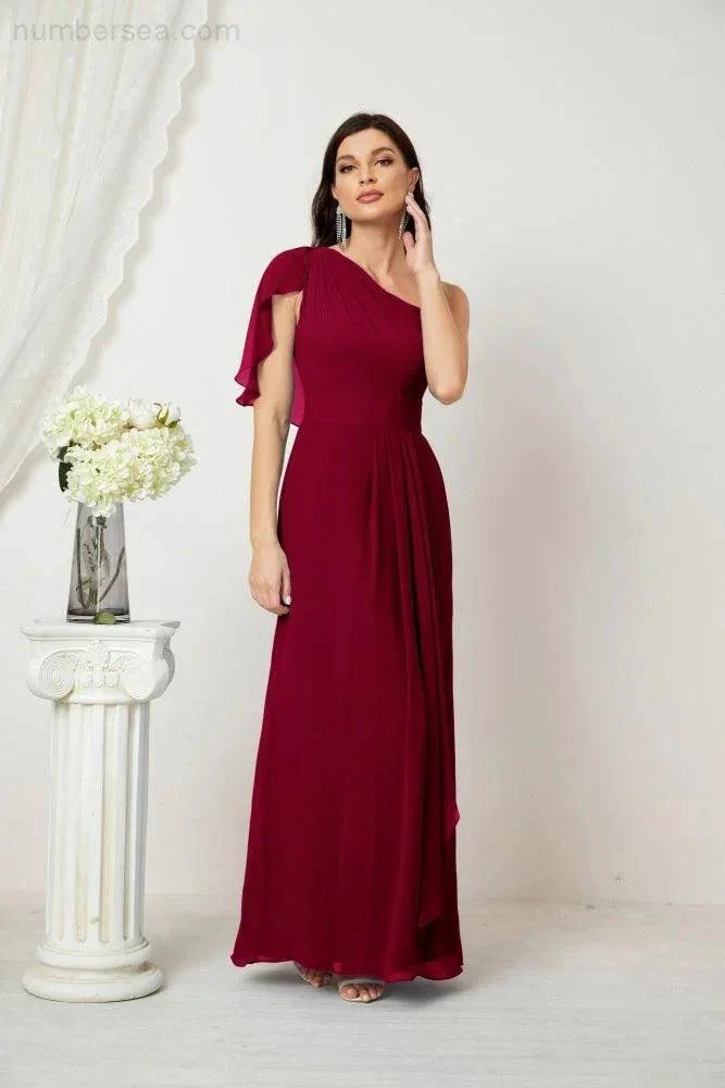 Numbersea  Chiffon Ruffled One Shoulder Long Bridesmaid Dresses A-line Formal Evening Gown Side Split 2809