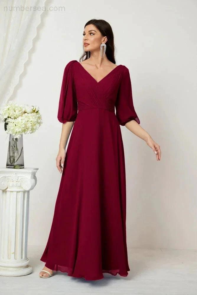 Numbersea  Formal Prom Gown Women V-Neck Chiffon Bridesmaid Dresses Long Bishop Sleeve Party Dress 2807