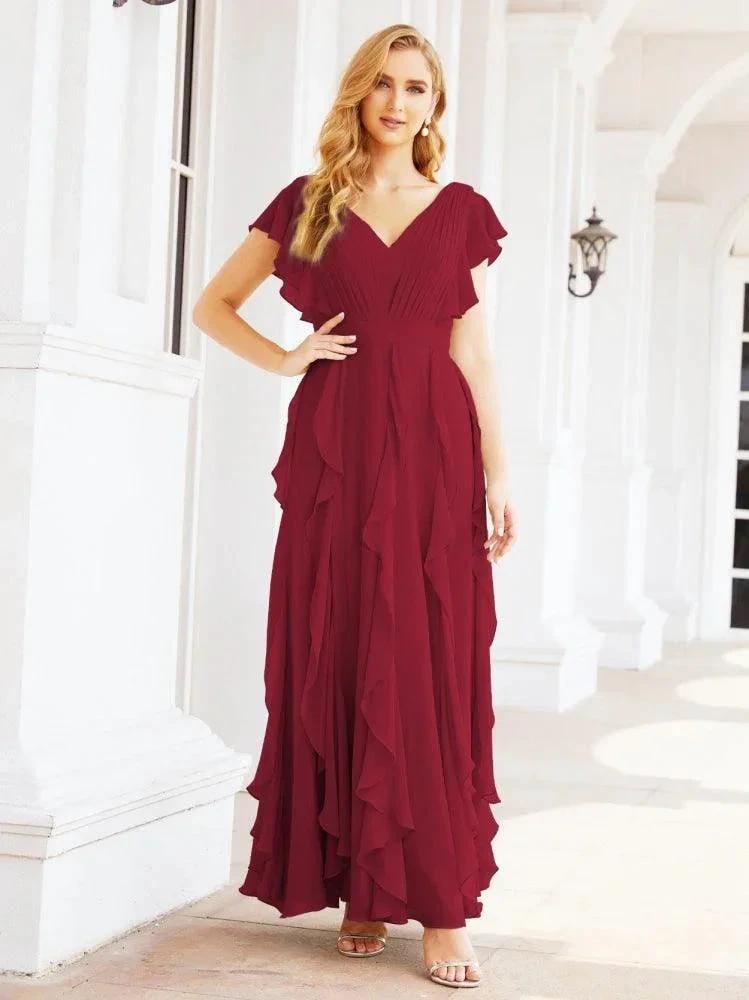 Ruffled Bridesmaid Dresses with Sleeves Long Formal Party Dress 28041