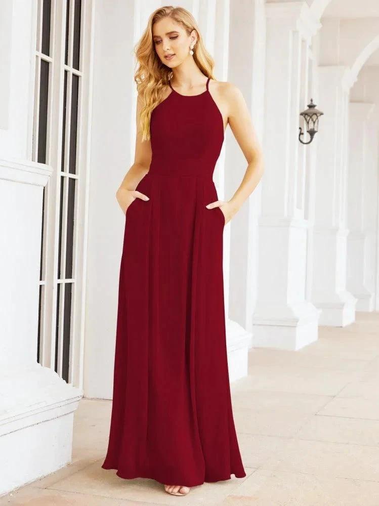 Numbersea Halter Bridesmaid Dresses with Pockets Sleeveless Formal Evening Party Prom Gowns  28055