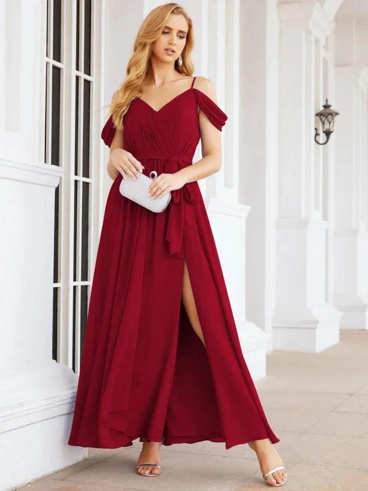 Numbersea Off The Shoulder Chiffon Bridesmaid Dress Long Formal Graduation Gown with Cowl Back 28069