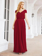 Numbersea V-Neck Bridesmaid Dresses Long Cap Sleeves Prom Evening Formal Gowns 28071