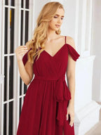 Numbersea Off The Shoulder Chiffon Bridesmaid Dress Long Formal Graduation Gown with Cowl Back 28069