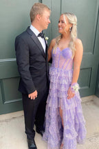 Eleanor | Glitter Tulle Corset Ruffle Tiered Long Prom Dress with Slit