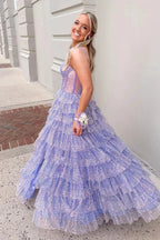 Eleanor | Glitter Tulle Corset Ruffle Tiered Long Prom Dress with Slit