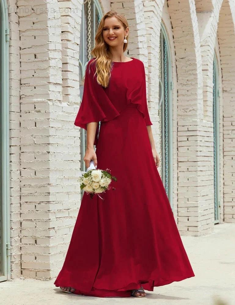 Sunnderly  Bridesmaid Dress Women Long Sleeve V-Neck Chiffon Formal Wedding Party Dress SY28018