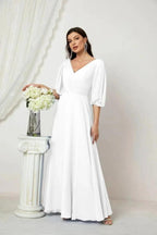 Numbersea  Formal Prom Gown Women V-Neck Chiffon Bridesmaid Dresses Long Bishop Sleeve Party Dress 2807