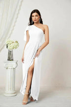 Numbersea  Chiffon Ruffled One Shoulder Long Bridesmaid Dresses A-line Formal Evening Gown Side Split 2809