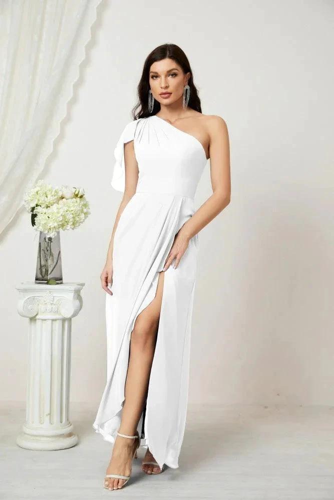 Numbersea  Chiffon Ruffled One Shoulder Long Bridesmaid Dresses A-line Formal Evening Gown Side Split 2809