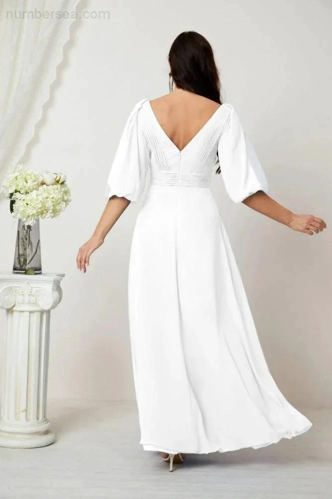 Numbersea  Formal Prom Gown Women V-Neck Chiffon Bridesmaid Dresses Long Bishop Sleeve Party Dress 2807
