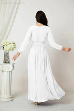 Sunnderly Evening Dresses Deep V-Neck Chiffon Bridesmaid Dresses Long Bishop Sleeve Side Split Formal Dress SY2806