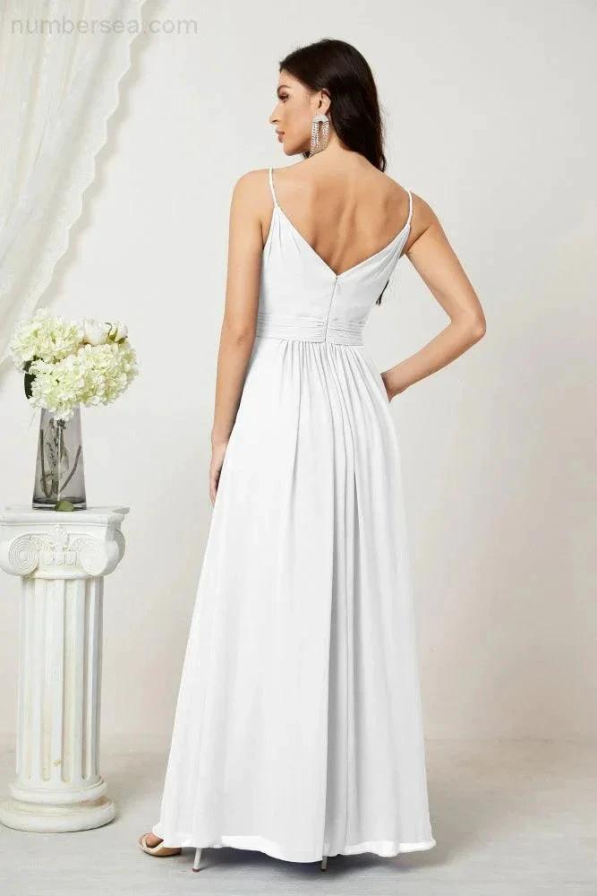 Numbersea Chiffon V-Neck Bridesmaid Dress Spaghetti Strap Long Formal Party Prom Gowns with Slit 28010