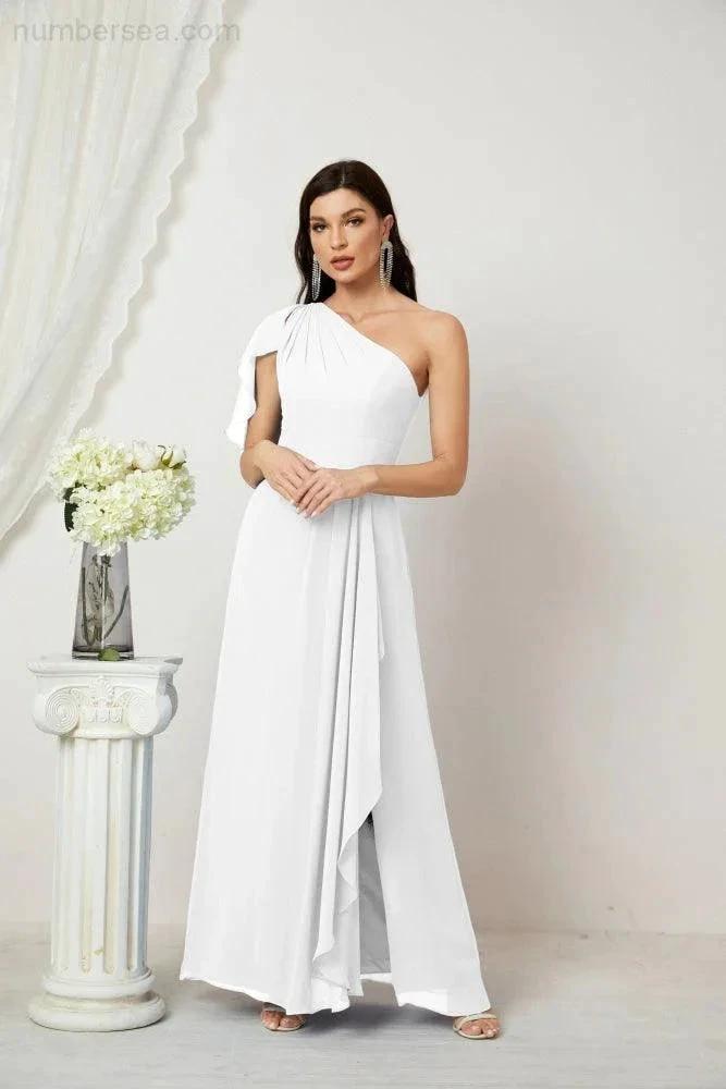 Numbersea  Chiffon Ruffled One Shoulder Long Bridesmaid Dresses A-line Formal Evening Gown Side Split 2809