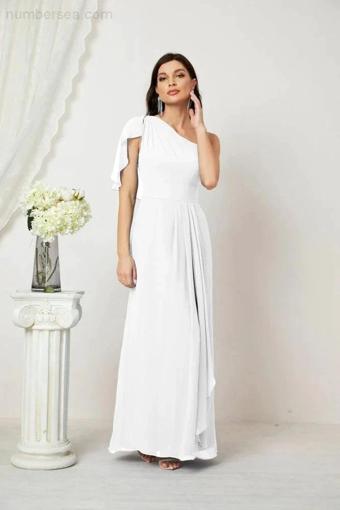 Numbersea  Chiffon Ruffled One Shoulder Long Bridesmaid Dresses A-line Formal Evening Gown Side Split 2809