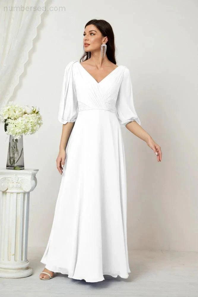 Numbersea  Formal Prom Gown Women V-Neck Chiffon Bridesmaid Dresses Long Bishop Sleeve Party Dress 2807